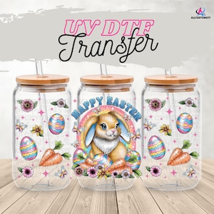 Süßer Osterhase UV DTF Wrap für 16oz Glas | Pastell Frühling Tumbler Wrap | Optional Deckel wickeln | Kawaii Häschen Aufkleber | Pressfertiges uv blau