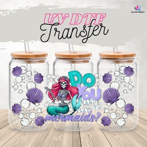 Pellicola protettiva UV DTF con sirena scheletrica per lattine in vetro da 16 once / Vuoi giocare a Mermaids Cup Wrap / Atmosfere estive spettrali / Estetica gotica oceanica