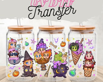 Cute Halloween 16 oz Glass Can Wrap | UV DTF Wrap with Optional Lid | Kawaii Witch Cauldron Ice Cream Cup | Spooky Season Cup Decor