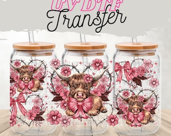 Envoltura UV DTF Highland Love Bows para vaso de 16 oz / Envoltura para vaso a cuadros escoceses / Envoltura para tapa opcional / Calcomanía de lazo coqueto / Envoltura UV lista para prensar