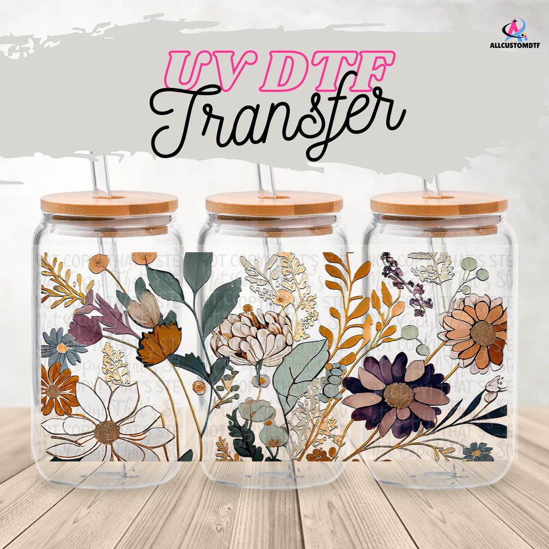 Boho Floral 16 Oz Glass Can Wrap | UV DTF Wrap With Optional Matching ...