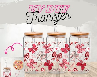 Bow Lover UV DTF Wrap für 16oz Glas | Kokette Ästhetik Tumbler Wrap | Optional Deckel wickeln | Süßer Girly Schleifen-Aufkleber | Druckfertig uv dtf