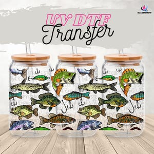 16オンスガラス缶用フィッシングルアーUV DTFラップ | バストラウトタンブラーラップ | 漁師へのギフト | アウトドアカップラップ | 無料ボーナスデカール