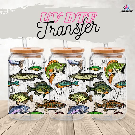 Fishing Lure UV DTF Wrap for 16oz Glass Can | Bass Trout Tumbler Wrap | Fisherman Gift | Outdoorsy Cup Wrap | Free Bonus Decal
