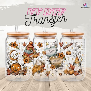 Fall Y'all 16 oz glazen blikverpakking | UV-DTF-wrap met optioneel deksel | Pumpkin Pie Books Candle Cup | Warme, esthetische omslag voor drinkgerei voor de herfst