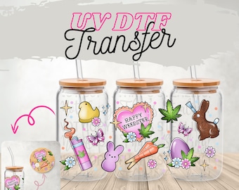 Easter Stoner UV DTF Wrap for 16oz Glass | 420 Bunny Tumbler Wrap | Optional Lid Wrap | Funny Weed Decal | Aesthetic Waterproof | uv dtf