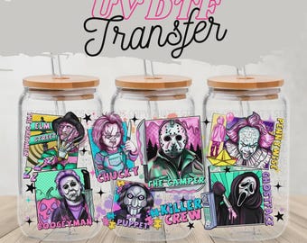 Horror Squad UV DTF Transfer | Scary Movie Cup Wrap for 16oz Glass Can | Slasher Killer Icons Creepy Clown Masked Villains Halloween