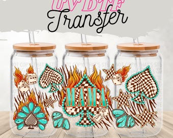 Mama UV DTF Transfer | Western Casino Spade Cup Wrap for 16oz Glass Can | Turquoise Flames Dice Stars Checkered Boho Drinkware