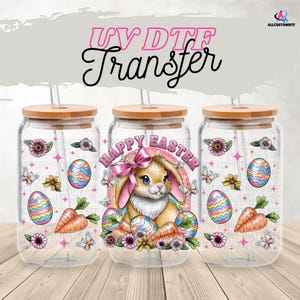 Süßer Osterhase UV DTF Wrap für 16oz Glas | Pastell Frühling Tumbler Wrap | Optional Deckel wickeln | Kawaii Häschen Aufkleber | Pressfertiges uv pink