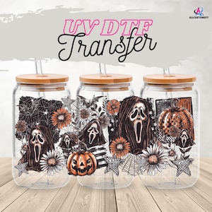Ghost Mask Floral UV DTF 16 oz Glass Can Wrap | Spooky Glam Halloween Cup Wrap | Pumpkin Horror Tumbler Wrap | Gothic Fall Drink Decal