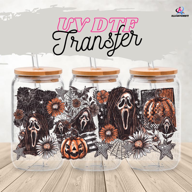 Ghost Floral UV DTF 16 Oz Glass Can Wrap: Spooky Halloween Gothic Decal ...