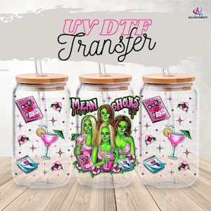 Mean Ghouls 16 oz Glass Can Wrap | UV DTF Cup Transfer | Spooky Parody Burn Book Design | Optional Lid | Halloween Girl Drink Wrap