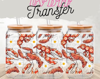 Floral Crawfish UV DTF Wrap for 16oz Glass | Cajun Tumbler Wrap | Optional Lid Wrap | Louisiana Seafood Aesthetic | Ready-to-Press uv Decal