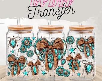 Coquette Western UV DTF Wrap für 16 Unzen Glasdose | Turquoise Hearts Cup Wrap | Bechertransfer mit passender Deckeloption | Vintage Retro Stricktuch