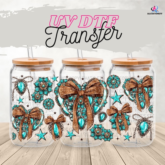 Coquette Western UV DTF Wrap for 16oz Glass Can | Turquoise Hearts Cup Wrap | Tumbler Transfer with Matching Lid Option | Country Retro wrap