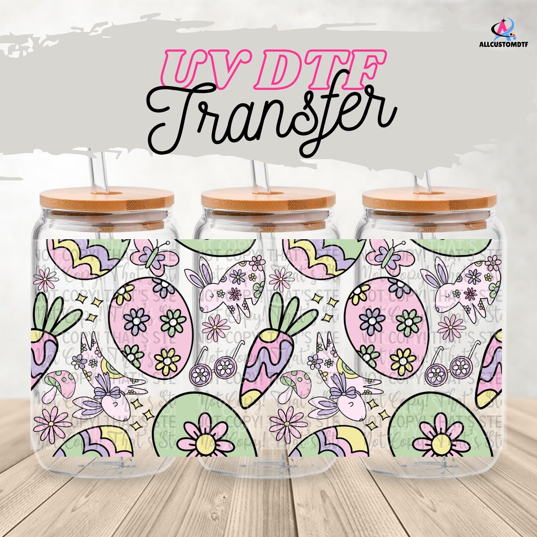 Pastel Easter Bunny 16 Oz Glass Can Wrap | Optional Lid Wrap | Cute UV ...
