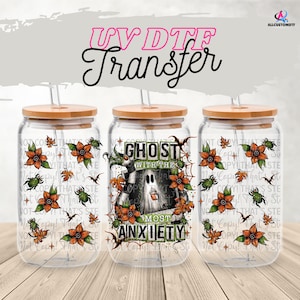 UV DTF Transfer Halloween wrap, Vibrant Ghost design Uv dtf Transfers, High Quality Uv Dtf film 16 oz glass wrap, anxiety uv dtf wrap