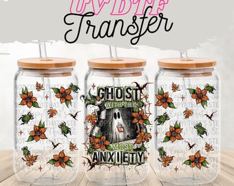 UV DTF Transfer Halloween wrap, Vibrant Ghost design Uv dtf Transfers, High Quality Uv Dtf film 16 oz glass wrap, anxiety uv dtf wrap