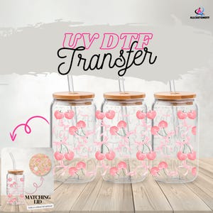 Cherry Bow Lover UV DTF Wrap para vidro de 16 oz | Coquette Aesthetic Tumbler Wrap | Envoltório de tampa opcional | Decalque feminino fofo | UV DTF pronto para prensar