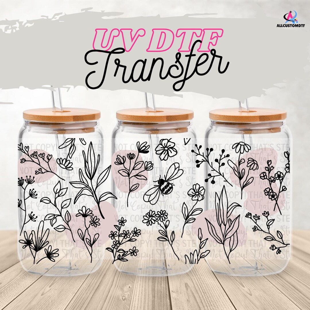 Minimalist Floral 16 Oz Glass Can Wrap | UV DTF Cup Wrap With Optional ...