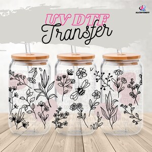 Minimalist Floral 16 Unzen Glasdosenverpackung | UV DTF Cup Wrap mit Optionalem Deckel | Moderne Line Art Blumen Tasse Design | Ästhetisches Trinkgefäß