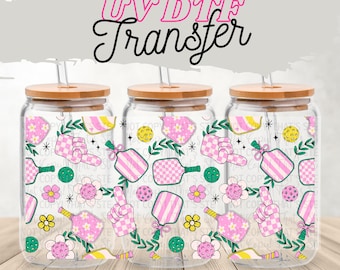 Cute Pickleball UV DTF Wrap for 16 oz Glass Can | Pink Retro Sports Cup Wrap | Fun Floral Pickleball Gift | Glass Jar Wrap for Players