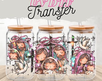 Holy Family Nativity UV DTF Cup Wrap – Christmas Religious Glass Can Transfer | Ready to Press Christian Holiday Design | Jesus UV dtf