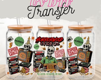 Horrorwood Video UV DTF Wrap | Halloween 16 oz Glass Can Wrap | Retro Skeleton Cup Decal | Horror Movie Night Sticker Transfer