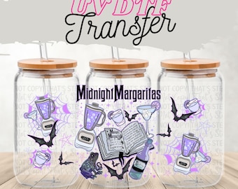 Midnight Margaritas UV DTF 16 oz Glass Can Wrap | Witchy Cocktail Cup Wrap | Purple Halloween Party Wrap | Magic Margarita Drink Decal