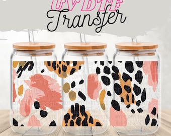 Boho Leopard Print 16 oz Glass Can Wrap | UV DTF Cup Wrap with Optional Lid | Abstract Animal Print Tumbler Design | Neutral Drinkware Wrap