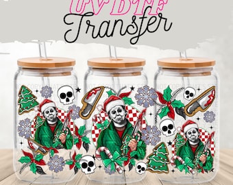 Creepy Doll Christmas UV DTF Transfer | Horror Holiday Cup Wrap for 16oz Glass Can | Spooky Festive Gingerbread Tree Skulls Drinkware