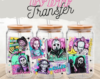 Horror Killer Crew UV DTF Transfer | Scary Movie Cup Wrap for 16oz Glass Can | Slasher Villains Spooky Creepy Halloween Drinkware