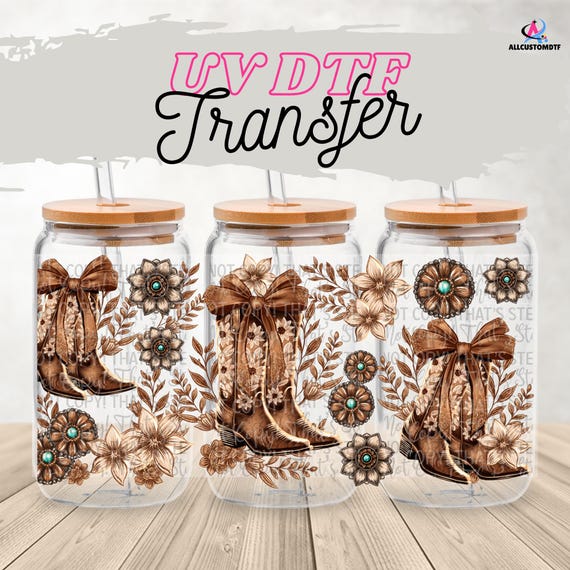 Western Boho Cowgirl Boots UV DTF Wrap for 16oz Glass | Bow & Hearts Tumbler Wrap | Optional Lid Wrap | Waterproof Decal | Ready-to-Press uv
