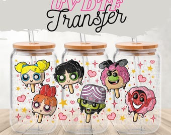 Cartoon Girl Gang UV DTF 16 oz Glass Can Wrap: Kawaii Villain Tumbler