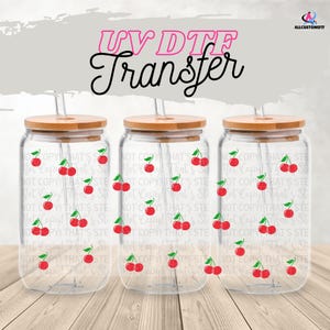 Cherry UV DTF Wrap für 16 Unzen Glasdose | Rote Kirschfrucht Becher Tasse Wrap | Sommerästhetische Glasverpackung | Nettes Geschenk für Sie