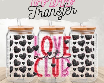May include: Three clear glass tumblers with bamboo lids and straws. The tumblers are decorated with a pink and red glitter design that says "Love and Club". The background of the tumblers is a black and white pattern of hearts.