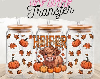 Fall Cow UV DTF 16 oz Glass Can Wrap: Autumn Farm Tumbler Decal