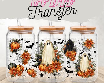 Pumpkin Ghost UV DTF Transfer | Fall Floral Cup Wrap for 16oz Glass Can | Halloween Bat Spiderweb Black Cat Spooky Autumn Drinkware
