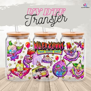 Griezelige clown 16 oz glazen blikverpakking | UV-DTF-wrap met optioneel deksel | Ontwerp neoncircus horrorbeker | Enge suikerspin spookachtig drinkgerei