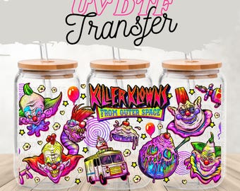 Creepy Clown 16 oz Glass Can Wrap | UV DTF Wrap with Optional Lid | Neon Circus Horror Cup Design | Scary Cotton Candy Spooky Drinkware