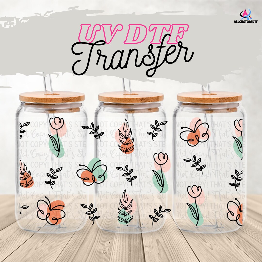 Minimalist Floral 16 Oz Glass Can Wrap | UV DTF Cup Wrap With Optional ...