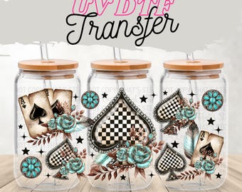 Western Spade UV DTF Transfer | Turquoise Floral Cup Wrap for 16oz Glass Can | Checkered Playing Card Boho Casino Star Drinkware Design