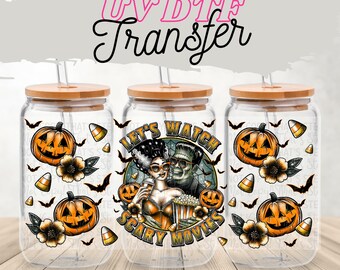 Scary Movie Night UV DTF Glass Can Wrap: Halloween Tumbler Decal