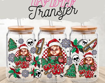 Creepy Doll Christmas UV DTF Transfer | Horror Holiday Cup Wrap for 16oz Glass Can | Spooky Festive Gingerbread Tree Skulls Drinkware