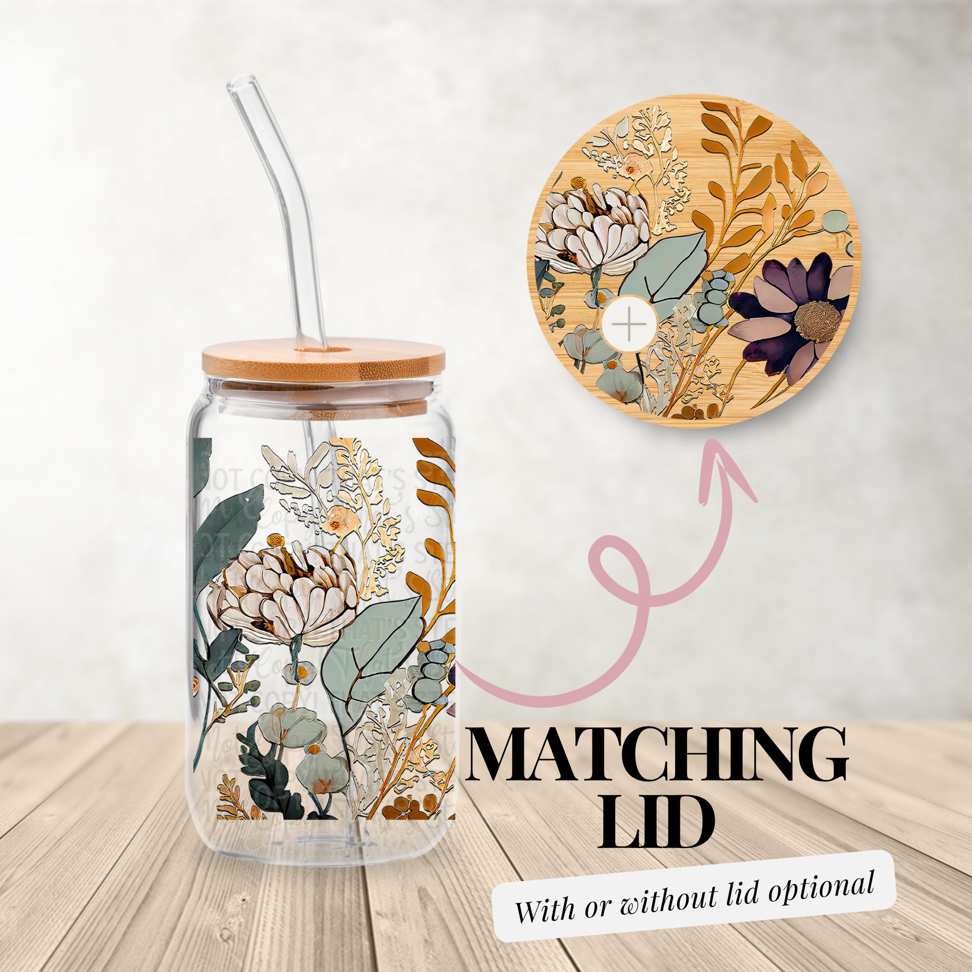 Boho Floral 16 Oz Glass Can Wrap | UV DTF Wrap With Optional Matching ...