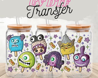 Cute Monster Popsicle UV DTF 16 oz Glass Can Wrap | Kawaii Creature Cup Wrap | Pastel Drippy Cartoon Tumbler Wrap | Ready to Press Decal