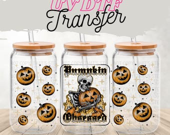 Envoltura UV DTF para vasos con diseño de esqueleto de calabaza: transferencia de latas de vidrio de Halloween
