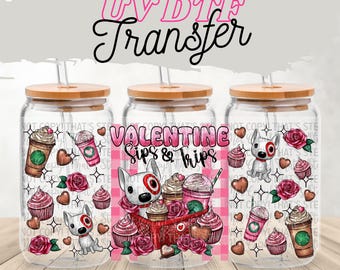 UV DTF Transfer Valentines wrap, Vibrant Sip and Shop Uv dtf Transfers, High Quality Uv Dtf film 16 oz glass wrap, Cute dog uv