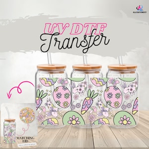 Envoltorio para vasos de Pascua con efecto DTF UV de 16 oz / Envoltorio para tapa opcional / Lindo envoltorio para huevera y conejito de primavera / Calcomanía para vasos con efecto DTF de Pascua en colores pastel