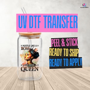 Lindo decalque preto Boss Queen UV DTF | Adesivo Afrocentric Peel & Stick | Melanin Queen Cup Wrap | Decalque de vidro para copo à prova d'água
